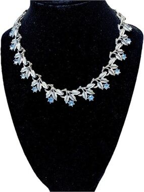 Vintage Coro Blue Rhinestone Floral Choker Necklace Silver Tone Leaf